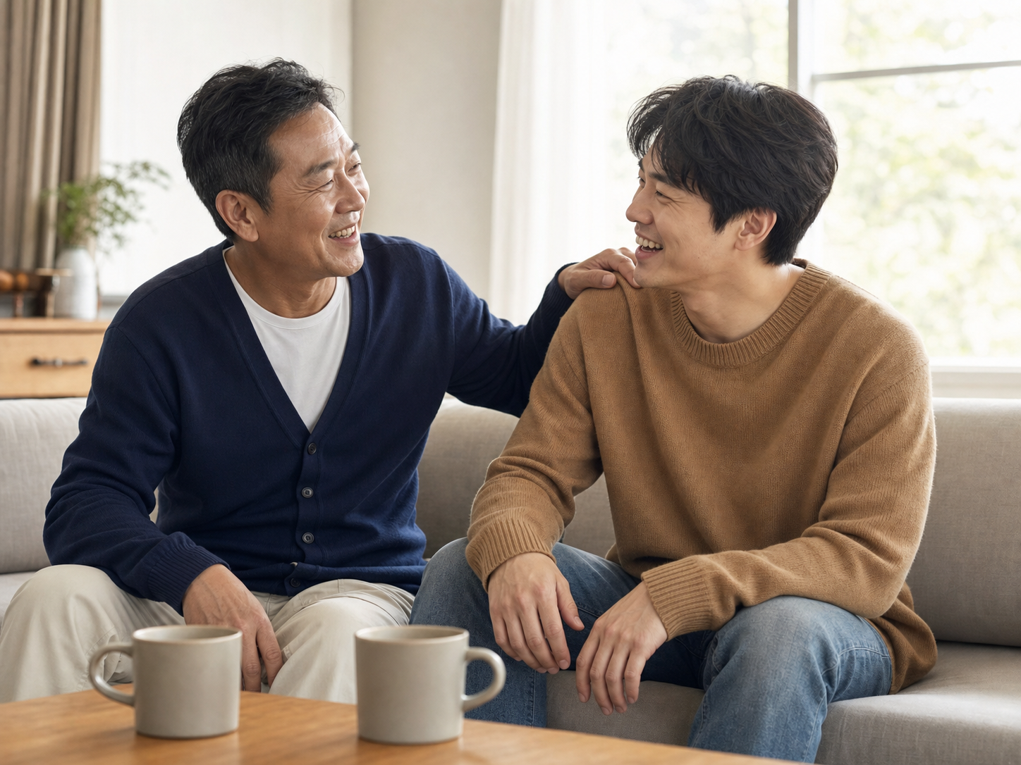 소파에 함께 앉아 웃으며 대화하는 아버지와 성인 아들